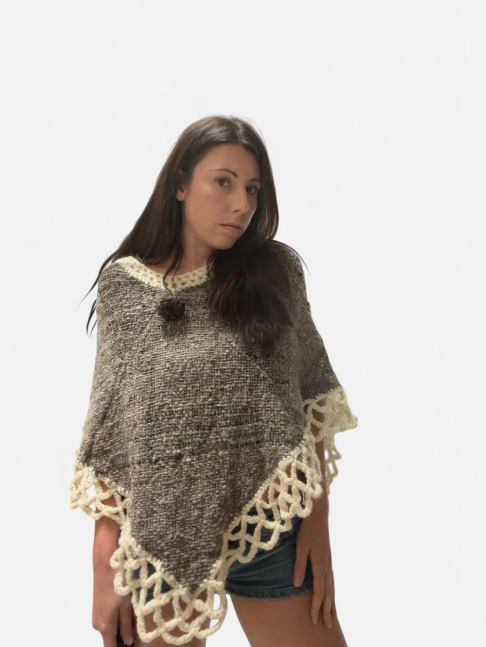 Knit Fringe-Trim Poncho Sweater in Brown and Cream